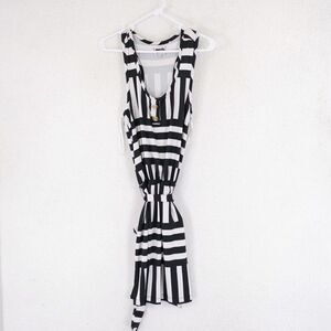 Magpie Blue Small White Striped Plunging Neck Scrunch Belt Dress‎ Sleeveless